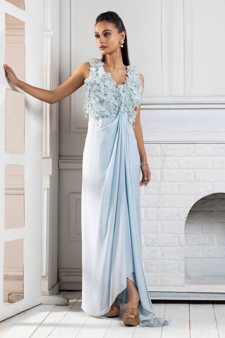 Buy Smriti By Anju Agarwal Blue Chiffon Pearls V-neck Flora Applique Draped Gown Online at Aza Fashions Buy_Smriti By Anju Agarwal_Blue Chiffon Pearls V-neck Flora Applique Draped Gown _Online_at_Aza_Fashions
