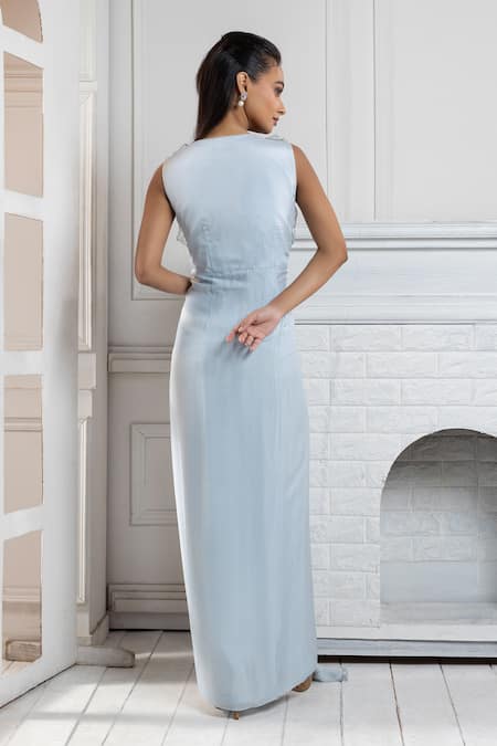 Shop Smriti By Anju Agarwal Blue Chiffon Pearls V-neck Flora Applique Draped Gown at Aza Fashions Shop_Smriti By Anju Agarwal_Blue Chiffon Pearls V-neck Flora Applique Draped Gown _at_Aza_Fashions