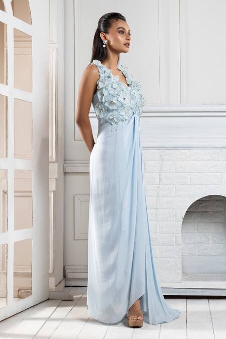 Shop Smriti By Anju Agarwal Blue Chiffon Pearls V-neck Flora Applique Draped Gown Online at Aza Fashions Shop_Smriti By Anju Agarwal_Blue Chiffon Pearls V-neck Flora Applique Draped Gown _Online_at_Aza_Fashions