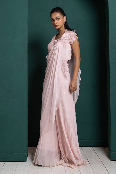 Smriti By Anju Agarwal Peach Silk, Chiffon Pearls, Sequins, Fleur Embroidered Blouse And Pant Set Online at Aza Fashions Smriti By Anju Agarwal_Peach Silk, Chiffon Pearls, Sequins, Fleur Embroidered Blouse And Pant Set _Online_at_Aza_Fashions