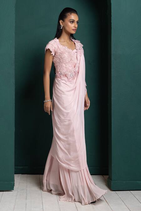 Buy Smriti By Anju Agarwal Peach Silk, Chiffon Pearls, Sequins, Fleur Embroidered Blouse And Pant Set Online at Aza Fashions Buy_Smriti By Anju Agarwal_Peach Silk, Chiffon Pearls, Sequins, Fleur Embroidered Blouse And Pant Set _Online_at_Aza_Fashions