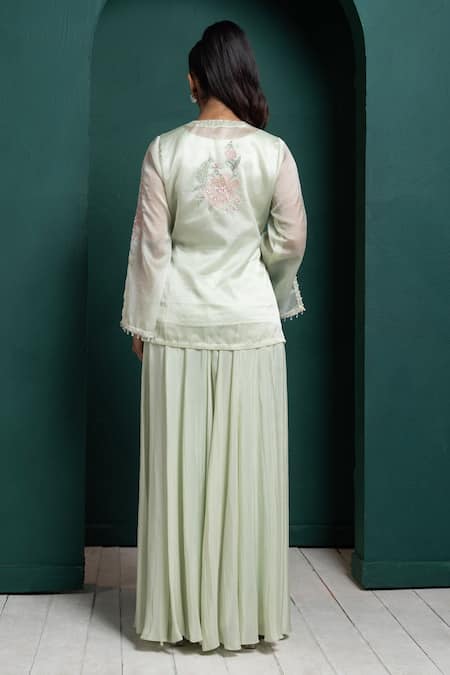 Shop Smriti By Anju Agarwal Green Organza, Chiffon Embroidery, Pearls Collared Floral Jacket And Pant Set at Aza Fashions Shop_Smriti By Anju Agarwal_Green Organza, Chiffon Embroidery, Pearls Collared Floral Jacket And Pant Set _at_Aza_Fashions