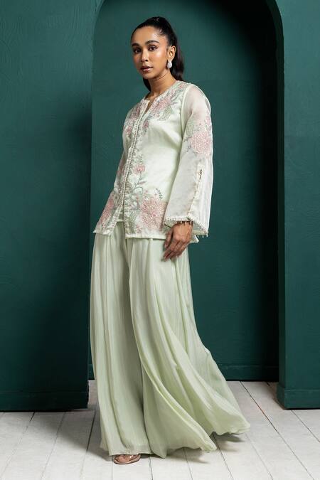Smriti By Anju Agarwal Green Organza, Chiffon Embroidery, Pearls Collared Floral Jacket And Pant Set Online at Aza Fashions Smriti By Anju Agarwal_Green Organza, Chiffon Embroidery, Pearls Collared Floral Jacket And Pant Set _Online_at_Aza_Fashions