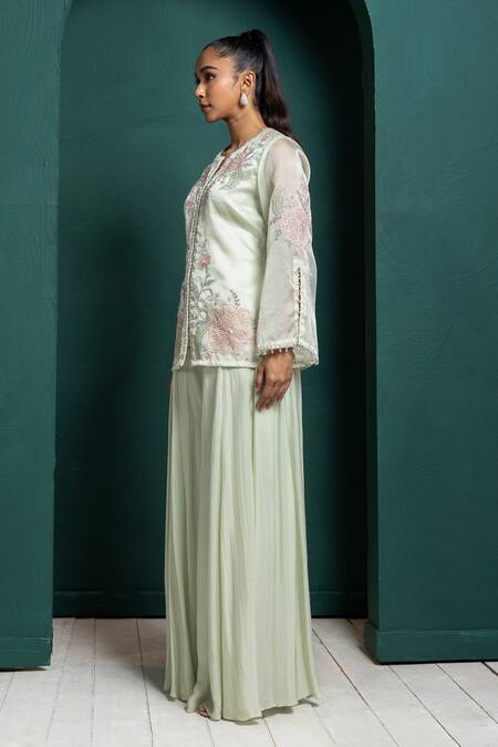 Buy Smriti By Anju Agarwal Green Organza, Chiffon Embroidery, Pearls Collared Floral Jacket And Pant Set Online at Aza Fashions Buy_Smriti By Anju Agarwal_Green Organza, Chiffon Embroidery, Pearls Collared Floral Jacket And Pant Set _Online_at_Aza_Fashions