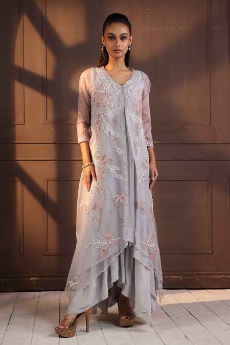 Smriti By Anju Agarwal Gray Crepe, Organza Pearls, Piping, Embroidery Asymmetric Jacket And Dress Set Online at Aza Fashions Smriti By Anju Agarwal_Gray Crepe, Organza Pearls, Piping, Embroidery Asymmetric Jacket And Dress Set _Online_at_Aza_Fashions