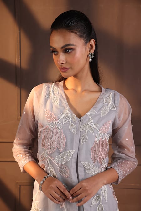 Buy Smriti By Anju Agarwal Gray Crepe, Organza Pearls, Piping, Embroidery Asymmetric Jacket And Dress Set Online at Aza Fashions Buy_Smriti By Anju Agarwal_Gray Crepe, Organza Pearls, Piping, Embroidery Asymmetric Jacket And Dress Set _Online_at_Aza_Fashions