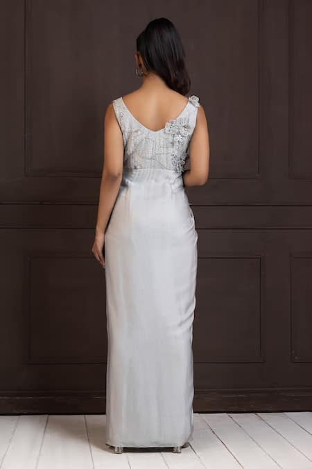 Shop Smriti By Anju Agarwal Silver Satin Pearls, Sequins V-neck Celestial Bloom Draped Gown at Aza Fashions Shop_Smriti By Anju Agarwal_Silver Satin Pearls, Sequins V-neck Celestial Bloom Draped Gown _at_Aza_Fashions