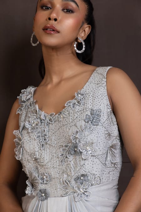Smriti By Anju Agarwal Silver Satin Pearls, Sequins V-neck Celestial Bloom Draped Gown Online at Aza Fashions Smriti By Anju Agarwal_Silver Satin Pearls, Sequins V-neck Celestial Bloom Draped Gown _Online_at_Aza_Fashions