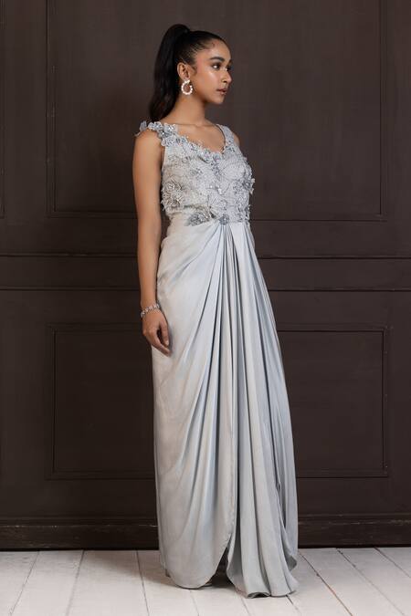 Buy Smriti By Anju Agarwal Silver Satin Pearls, Sequins V-neck Celestial Bloom Draped Gown Online at Aza Fashions Buy_Smriti By Anju Agarwal_Silver Satin Pearls, Sequins V-neck Celestial Bloom Draped Gown _Online_at_Aza_Fashions