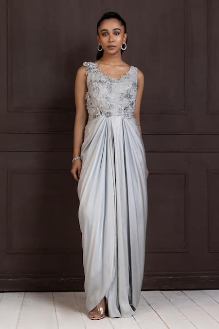 Shop Smriti By Anju Agarwal Silver Satin Pearls, Sequins V-neck Celestial Bloom Draped Gown Online at Aza Fashions Shop_Smriti By Anju Agarwal_Silver Satin Pearls, Sequins V-neck Celestial Bloom Draped Gown _Online_at_Aza_Fashions