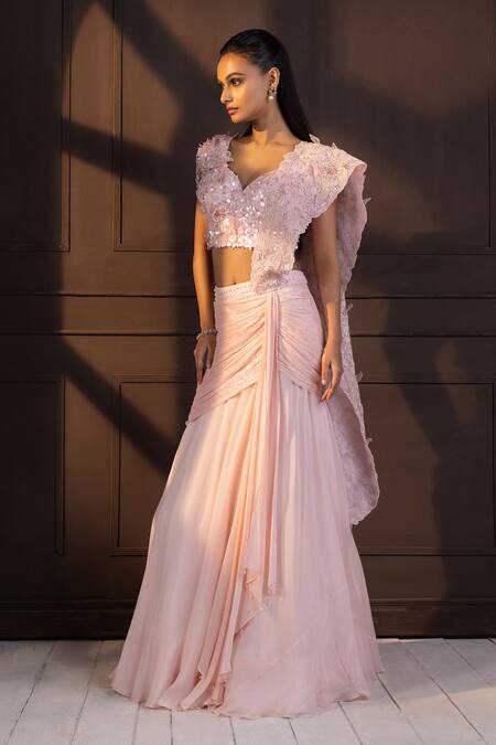 Smriti By Anju Agarwal Pink Silk, Chiffon Pearls, Sequins, Fabric Embellished Pre-draped Saree Set Online at Aza Fashions Smriti By Anju Agarwal_Pink Silk, Chiffon Pearls, Sequins, Fabric Embellished Pre-draped Saree Set _Online_at_Aza_Fashions