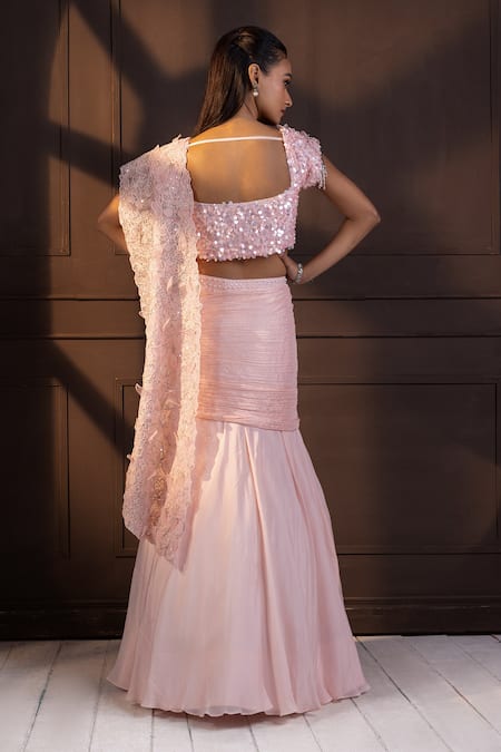 Shop Smriti By Anju Agarwal Pink Silk, Chiffon Pearls, Sequins, Fabric Embellished Pre-draped Saree Set at Aza Fashions Shop_Smriti By Anju Agarwal_Pink Silk, Chiffon Pearls, Sequins, Fabric Embellished Pre-draped Saree Set _at_Aza_Fashions