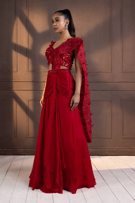 Smriti By Anju Agarwal Red Silk, Chiffon Pearls, Sequins, Embroidery, Embellished Pre-draped Saree Set Online at Aza Fashions Smriti By Anju Agarwal_Red Silk, Chiffon Pearls, Sequins, Embroidery, Embellished Pre-draped Saree Set _Online_at_Aza_Fashions