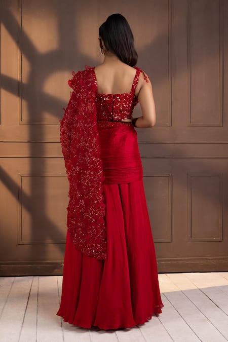 Smriti By Anju Agarwal Red Pearl Embellished Pre-Draped Saree Set 