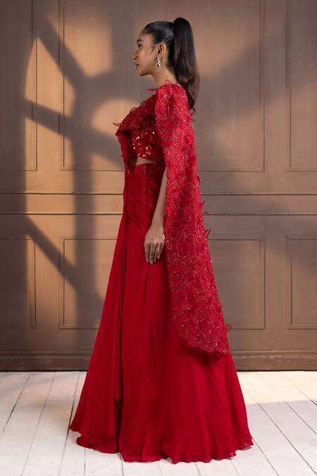 Shop Smriti By Anju Agarwal Red Silk, Chiffon Pearls, Sequins, Embroidery, Embellished Pre-draped Saree Set Online at Aza Fashions Shop_Smriti By Anju Agarwal_Red Silk, Chiffon Pearls, Sequins, Embroidery, Embellished Pre-draped Saree Set _Online_at_Aza_Fashions