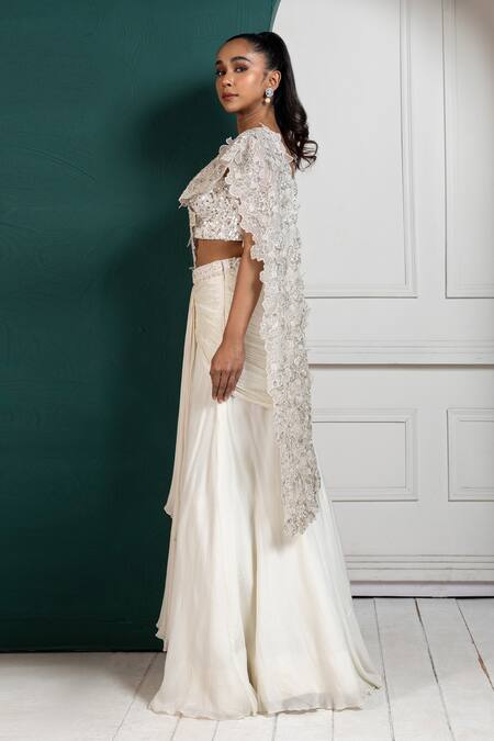 Smriti By Anju Agarwal_White Silk, Chiffon Pearls, Sequins, Fabric Embellished Pre-draped Saree Set _Online_at_Aza_Fashions