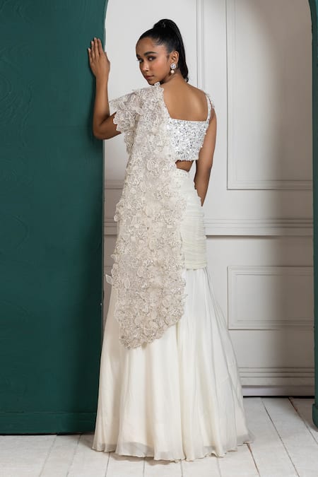 Shop_Smriti By Anju Agarwal_White Silk, Chiffon Pearls, Sequins, Fabric Embellished Pre-draped Saree Set _at_Aza_Fashions