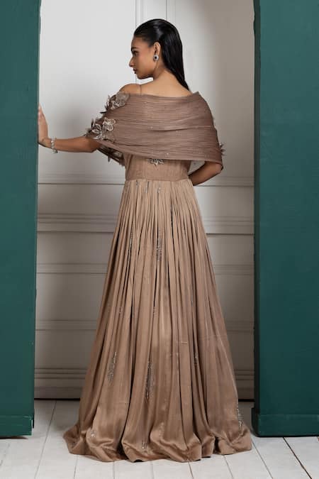 Shop Smriti By Anju Agarwal Brown Satin, Organza Crystals, Sequins, Beads Petal Embroidered Pleated Gown at Aza Fashions Shop_Smriti By Anju Agarwal_Brown Satin, Organza Crystals, Sequins, Beads Petal Embroidered Pleated Gown _at_Aza_Fashions