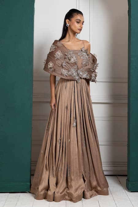 Smriti By Anju Agarwal Brown Satin, Organza Crystals, Sequins, Beads Petal Embroidered Pleated Gown Online at Aza Fashions Smriti By Anju Agarwal_Brown Satin, Organza Crystals, Sequins, Beads Petal Embroidered Pleated Gown _Online_at_Aza_Fashions