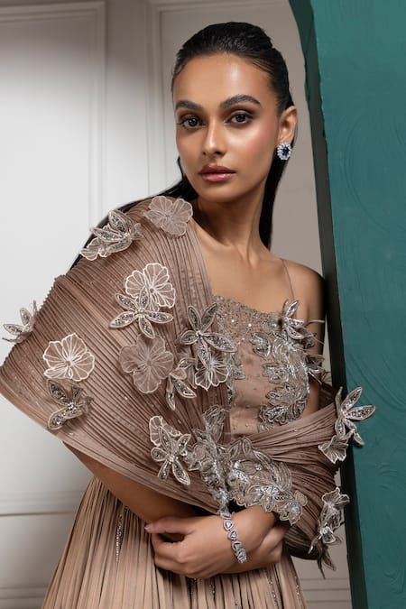 Buy Smriti By Anju Agarwal Brown Satin, Organza Crystals, Sequins, Beads Petal Embroidered Pleated Gown Online at Aza Fashions Buy_Smriti By Anju Agarwal_Brown Satin, Organza Crystals, Sequins, Beads Petal Embroidered Pleated Gown _Online_at_Aza_Fashions