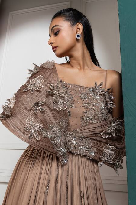 Shop Smriti By Anju Agarwal Brown Satin, Organza Crystals, Sequins, Beads Petal Embroidered Pleated Gown Online at Aza Fashions Shop_Smriti By Anju Agarwal_Brown Satin, Organza Crystals, Sequins, Beads Petal Embroidered Pleated Gown _Online_at_Aza_Fashions