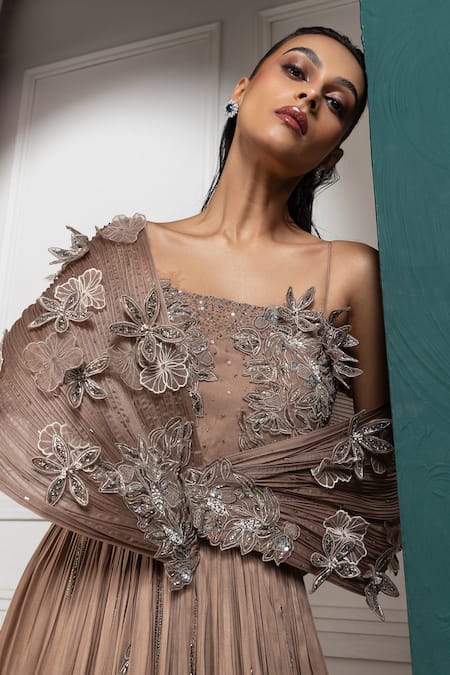 Smriti By Anju Agarwal Brown Satin, Organza Crystals, Sequins, Beads Petal Embroidered Pleated Gown at Aza Fashions Smriti By Anju Agarwal_Brown Satin, Organza Crystals, Sequins, Beads Petal Embroidered Pleated Gown _at_Aza_Fashions