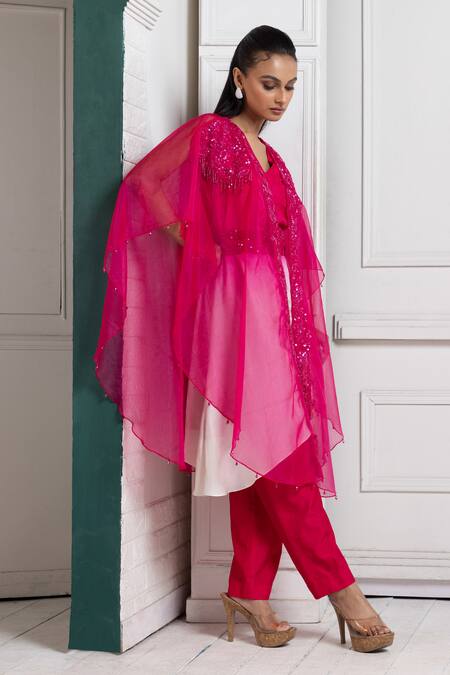 Smriti By Anju Agarwal_Pink Silk Sequins, Beads V-neck And Embroidered Cape Pant Set _Online_at_Aza_Fashions