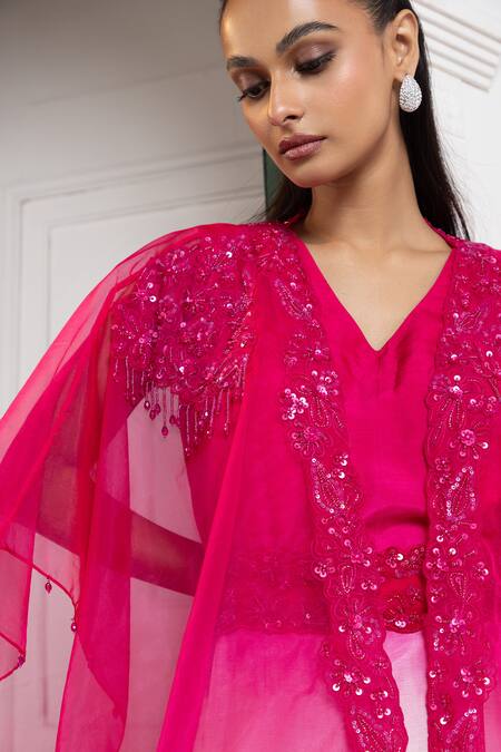 Buy_Smriti By Anju Agarwal_Pink Silk Sequins, Beads V-neck And Embroidered Cape Pant Set _Online_at_Aza_Fashions