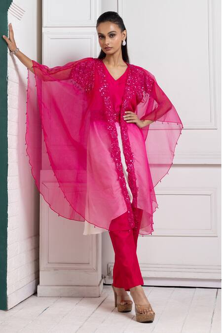 Shop_Smriti By Anju Agarwal_Pink Silk Sequins, Beads V-neck And Embroidered Cape Pant Set _Online_at_Aza_Fashions