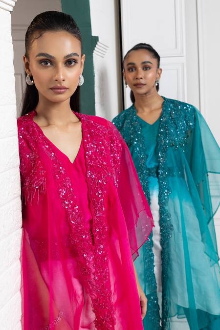 Smriti By Anju Agarwal_Pink Silk Sequins, Beads V-neck And Embroidered Cape Pant Set _at_Aza_Fashions