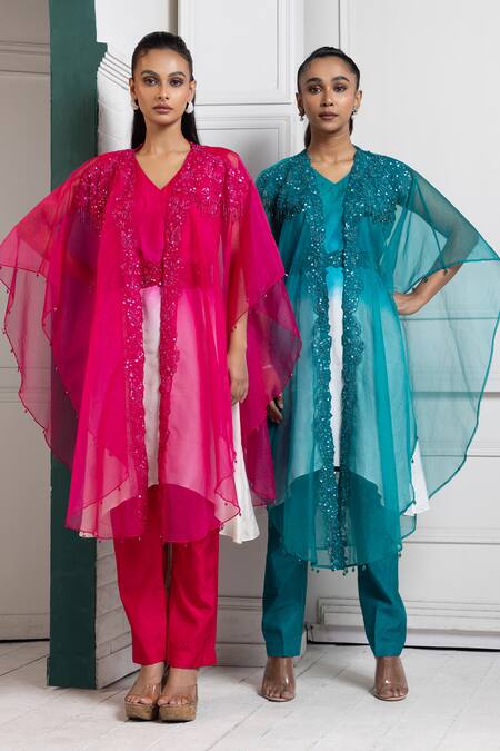 Buy_Smriti By Anju Agarwal_Pink Silk Sequins, Beads V-neck And Embroidered Cape Pant Set 
