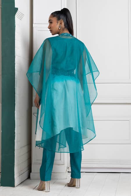 Shop Smriti By Anju Agarwal Blue Silk Sequins, Beads V-neck Teal And Embroidered Cape Set at Aza Fashions Shop_Smriti By Anju Agarwal_Blue Silk Sequins, Beads V-neck Teal And Embroidered Cape Set _at_Aza_Fashions