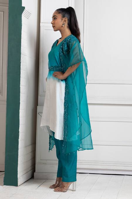 Smriti By Anju Agarwal Blue Silk Sequins, Beads V-neck Teal And Embroidered Cape Set Online at Aza Fashions Smriti By Anju Agarwal_Blue Silk Sequins, Beads V-neck Teal And Embroidered Cape Set _Online_at_Aza_Fashions