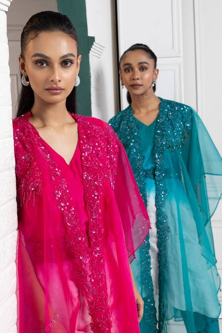Buy Smriti By Anju Agarwal Blue Silk Sequins, Beads V-neck Teal And Embroidered Cape Set Online at Aza Fashions Buy_Smriti By Anju Agarwal_Blue Silk Sequins, Beads V-neck Teal And Embroidered Cape Set _Online_at_Aza_Fashions