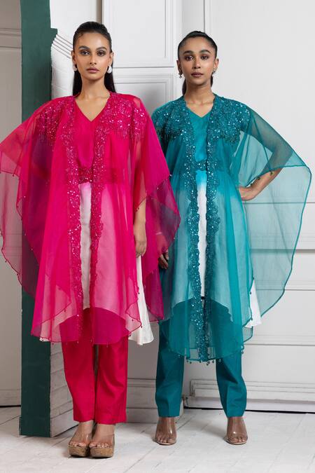 Shop Smriti By Anju Agarwal Blue Silk Sequins, Beads V-neck Teal And Embroidered Cape Set Online at Aza Fashions Shop_Smriti By Anju Agarwal_Blue Silk Sequins, Beads V-neck Teal And Embroidered Cape Set _Online_at_Aza_Fashions