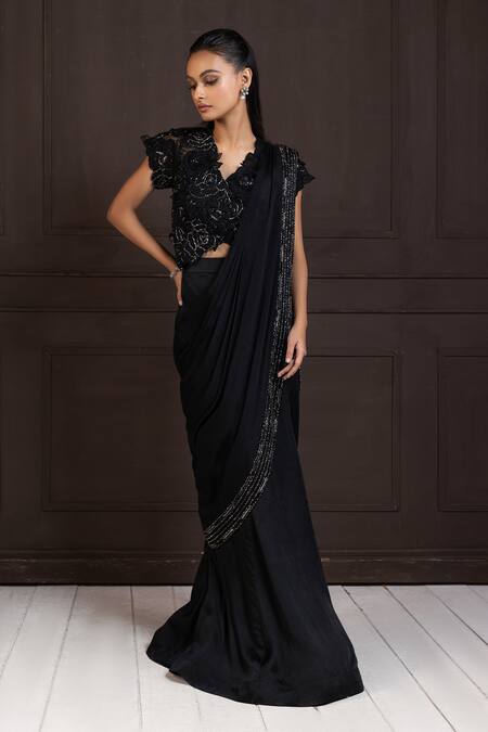 Buy Smriti By Anju Agarwal Black Silk, Chiffon Beads, Piping, Embroidery V-neck Pre-draped Saree Set Online at Aza Fashions Buy_Smriti By Anju Agarwal_Black Silk, Chiffon Beads, Piping, Embroidery V-neck Pre-draped Saree Set _Online_at_Aza_Fashions