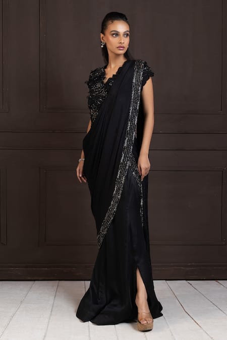 Shop Smriti By Anju Agarwal Black Silk, Chiffon Beads, Piping, Embroidery V-neck Pre-draped Saree Set Online at Aza Fashions Shop_Smriti By Anju Agarwal_Black Silk, Chiffon Beads, Piping, Embroidery V-neck Pre-draped Saree Set _Online_at_Aza_Fashions