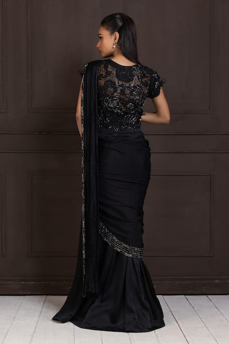 Shop Smriti By Anju Agarwal Black Silk, Chiffon Beads, Piping, Embroidery V-neck Pre-draped Saree Set at Aza Fashions Shop_Smriti By Anju Agarwal_Black Silk, Chiffon Beads, Piping, Embroidery V-neck Pre-draped Saree Set _at_Aza_Fashions