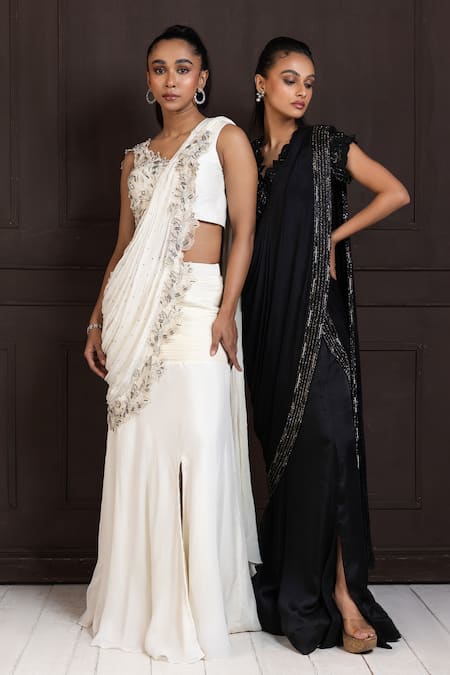 Smriti By Anju Agarwal Black Silk, Chiffon Beads, Piping, Embroidery V-neck Pre-draped Saree Set at Aza Fashions Smriti By Anju Agarwal_Black Silk, Chiffon Beads, Piping, Embroidery V-neck Pre-draped Saree Set _at_Aza_Fashions