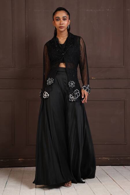 Smriti By Anju Agarwal_Black Organza, Crepe, Modal Beads, Piping, Sheer Sequin Jacket Pant Set _Online_at_Aza_Fashions