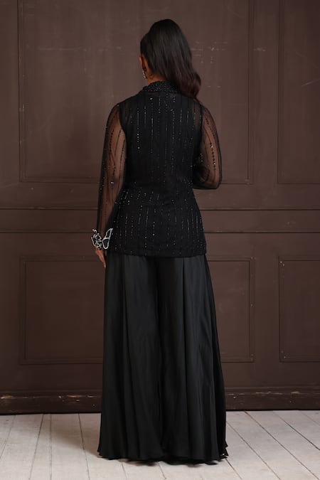 Smriti By Anju Agarwal Black Sheer Sequin Embroidered Jacket Pant Set 