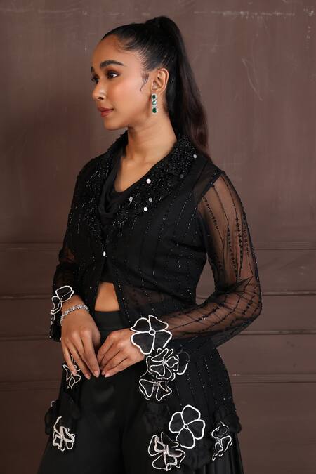 Buy_Smriti By Anju Agarwal_Black Organza, Crepe, Modal Beads, Piping, Sheer Sequin Jacket Pant Set _Online_at_Aza_Fashions