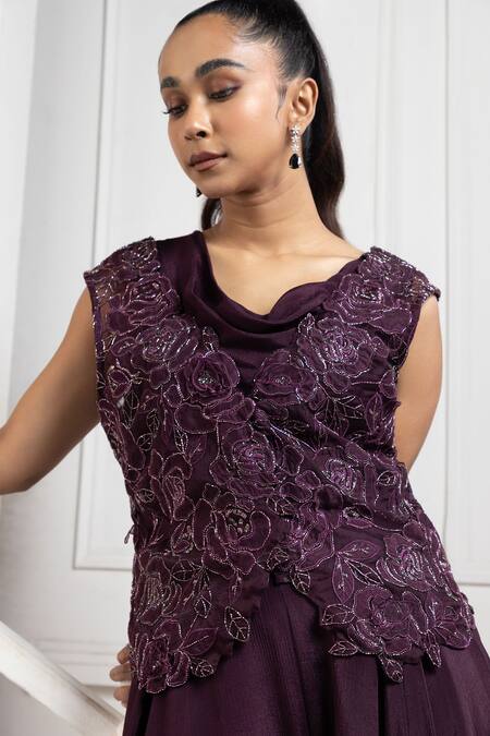 Smriti By Anju Agarwal Purple Chiffon Beads Cowl Neck, Flared Jumpsuit With Work Overlay Online at Aza Fashions Smriti By Anju Agarwal_Purple Chiffon Beads Cowl Neck, Flared Jumpsuit With Work Overlay _Online_at_Aza_Fashions