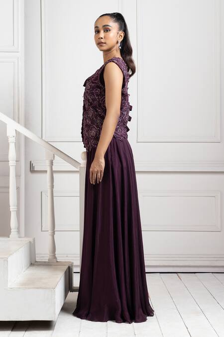 Buy Smriti By Anju Agarwal Purple Chiffon Beads Cowl Neck, Flared Jumpsuit With Work Overlay Online at Aza Fashions Buy_Smriti By Anju Agarwal_Purple Chiffon Beads Cowl Neck, Flared Jumpsuit With Work Overlay _Online_at_Aza_Fashions