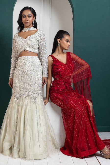 Smriti By Anju Agarwal White Organza, Net Sequins, Beads, Crystals, Embellished Mermaid Lehenga Set Online at Aza Fashions Smriti By Anju Agarwal_White Organza, Net Sequins, Beads, Crystals, Embellished Mermaid Lehenga Set _Online_at_Aza_Fashions