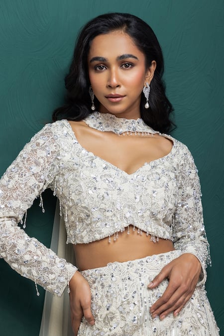 Buy Smriti By Anju Agarwal White Organza, Net Sequins, Beads, Crystals, Embellished Mermaid Lehenga Set Online at Aza Fashions Buy_Smriti By Anju Agarwal_White Organza, Net Sequins, Beads, Crystals, Embellished Mermaid Lehenga Set _Online_at_Aza_Fashions