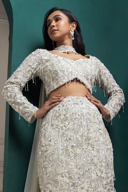 Shop Smriti By Anju Agarwal White Organza, Net Sequins, Beads, Crystals, Embellished Mermaid Lehenga Set Online at Aza Fashions Shop_Smriti By Anju Agarwal_White Organza, Net Sequins, Beads, Crystals, Embellished Mermaid Lehenga Set _Online_at_Aza_Fashions