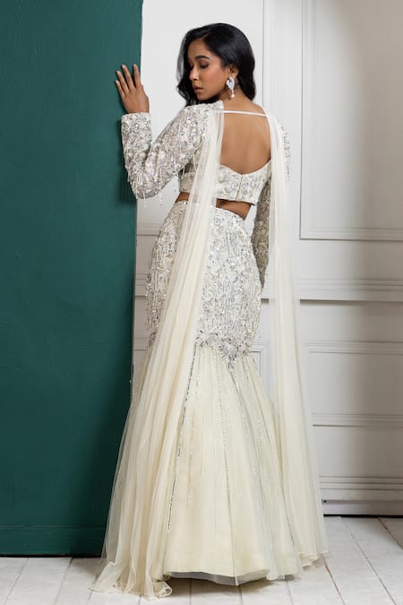 Shop Smriti By Anju Agarwal White Organza, Net Sequins, Beads, Crystals, Embellished Mermaid Lehenga Set at Aza Fashions Shop_Smriti By Anju Agarwal_White Organza, Net Sequins, Beads, Crystals, Embellished Mermaid Lehenga Set _at_Aza_Fashions