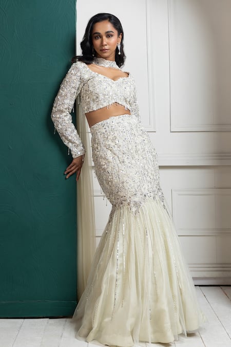 Smriti By Anju Agarwal White Organza, Net Sequins, Beads, Crystals, Embellished Mermaid Lehenga Set at Aza Fashions Smriti By Anju Agarwal_White Organza, Net Sequins, Beads, Crystals, Embellished Mermaid Lehenga Set _at_Aza_Fashions