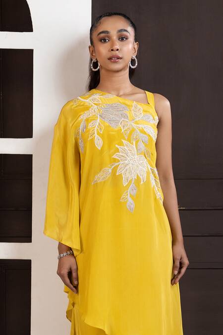 Smriti By Anju Agarwal Yellow Crepe Embroidery Asymmetric One-shoulder Tunic And Palazzo Set Online at Aza Fashions Smriti By Anju Agarwal_Yellow Crepe Embroidery Asymmetric One-shoulder Tunic And Palazzo Set _Online_at_Aza_Fashions